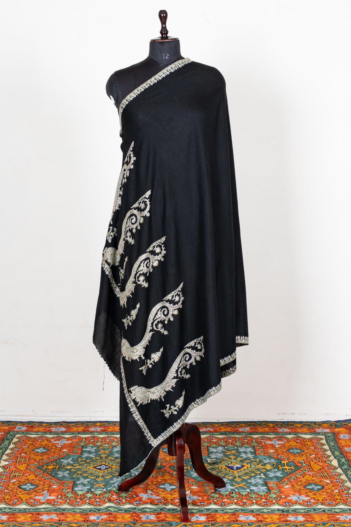 Ivory Moonlight Fine Merino Wool Shawl with Sozni Hand Embroidered Ornamental Paisleys