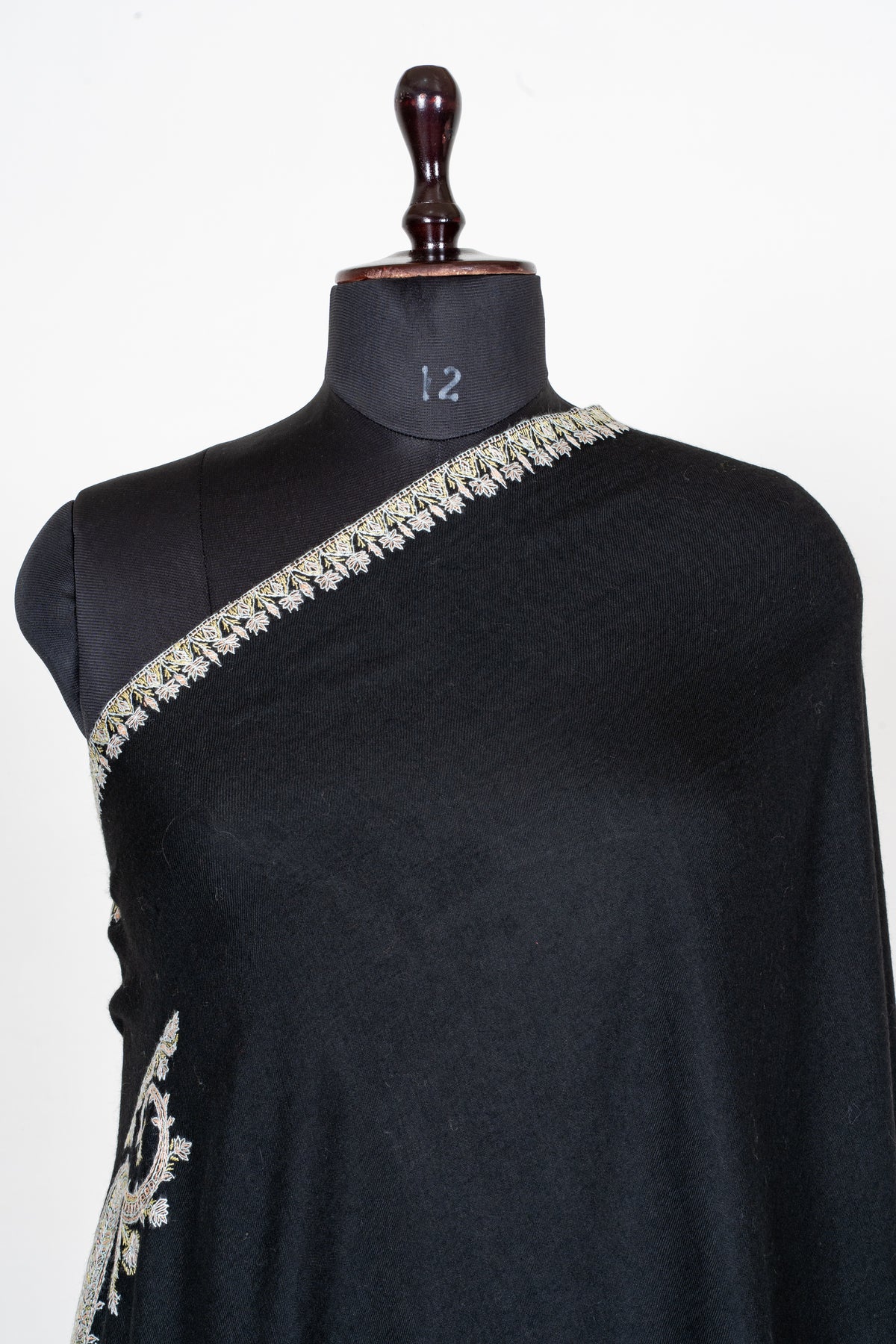 Ivory Moonlight Fine Merino Wool Shawl with Sozni Hand Embroidered Ornamental Paisleys