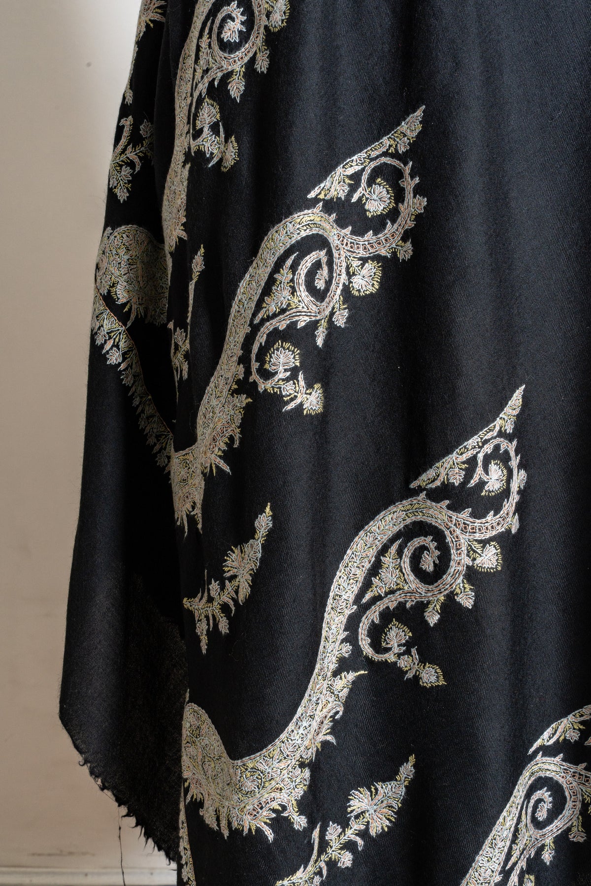 Ivory Moonlight Fine Merino Wool Shawl with Sozni Hand Embroidered Ornamental Paisleys