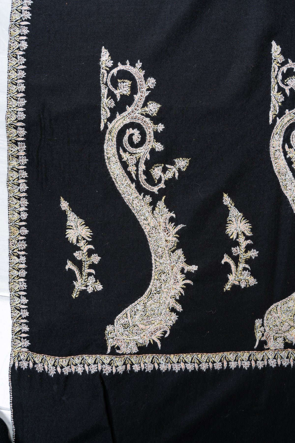 Ivory Moonlight Fine Merino Wool Shawl with Sozni Hand Embroidered Ornamental Paisleys