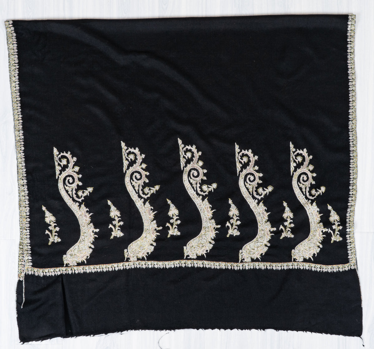 Ivory Moonlight Fine Merino Wool Shawl with Sozni Hand Embroidered Ornamental Paisleys
