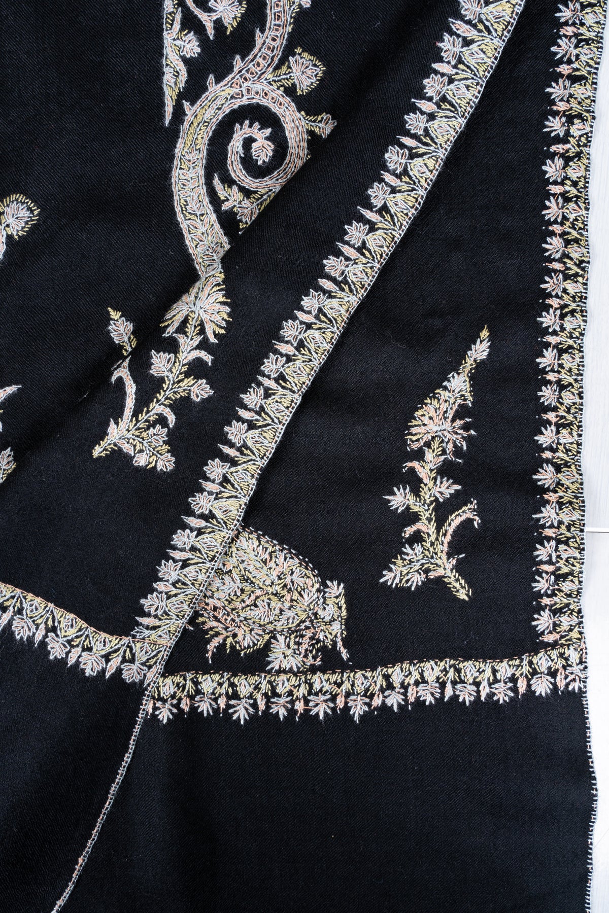 Ivory Moonlight Fine Merino Wool Shawl with Sozni Hand Embroidered Ornamental Paisleys