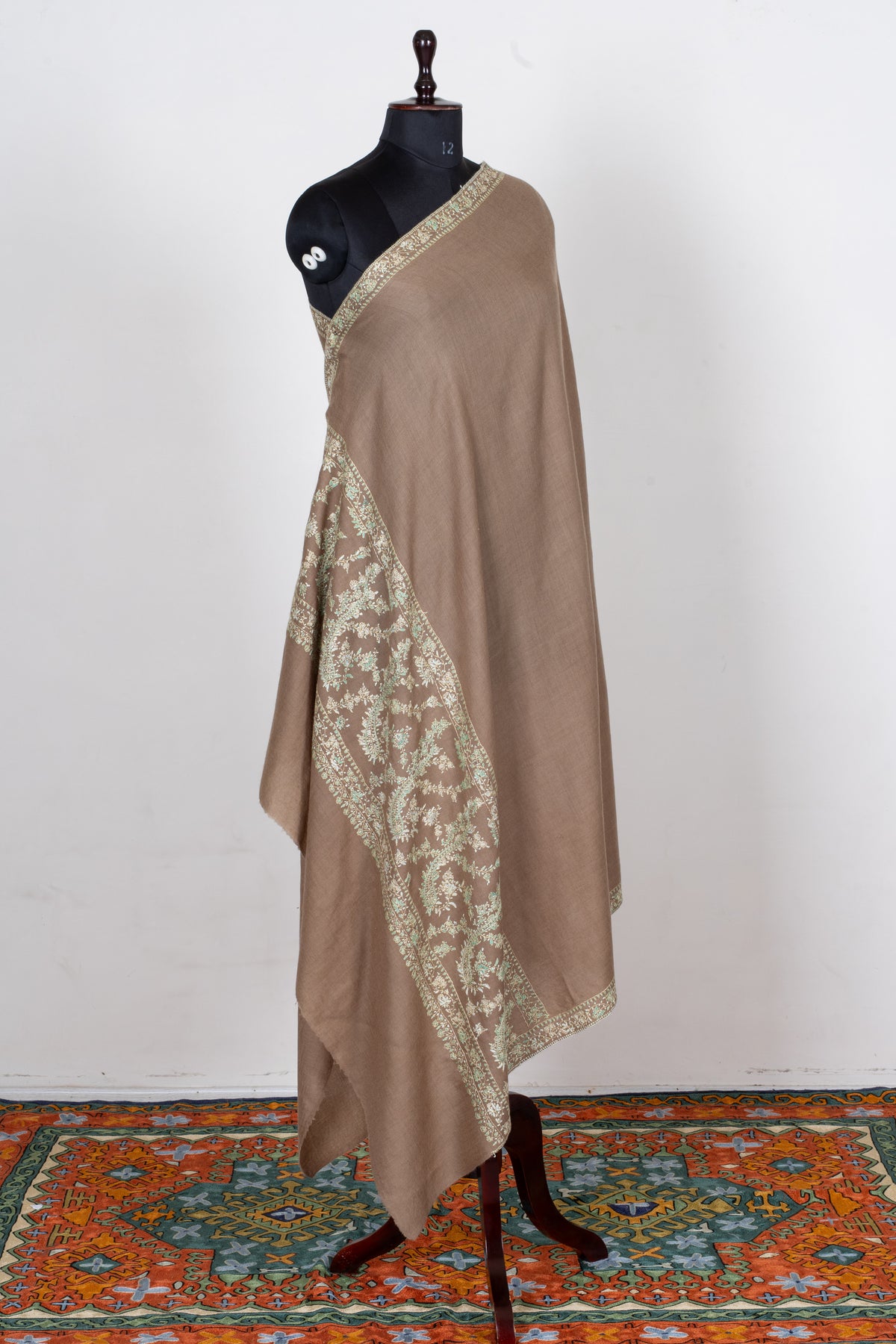 Sandstone Garden Fine Merino Wool Shawl with Mint Sozni Hand Embroidered Floral Vines
