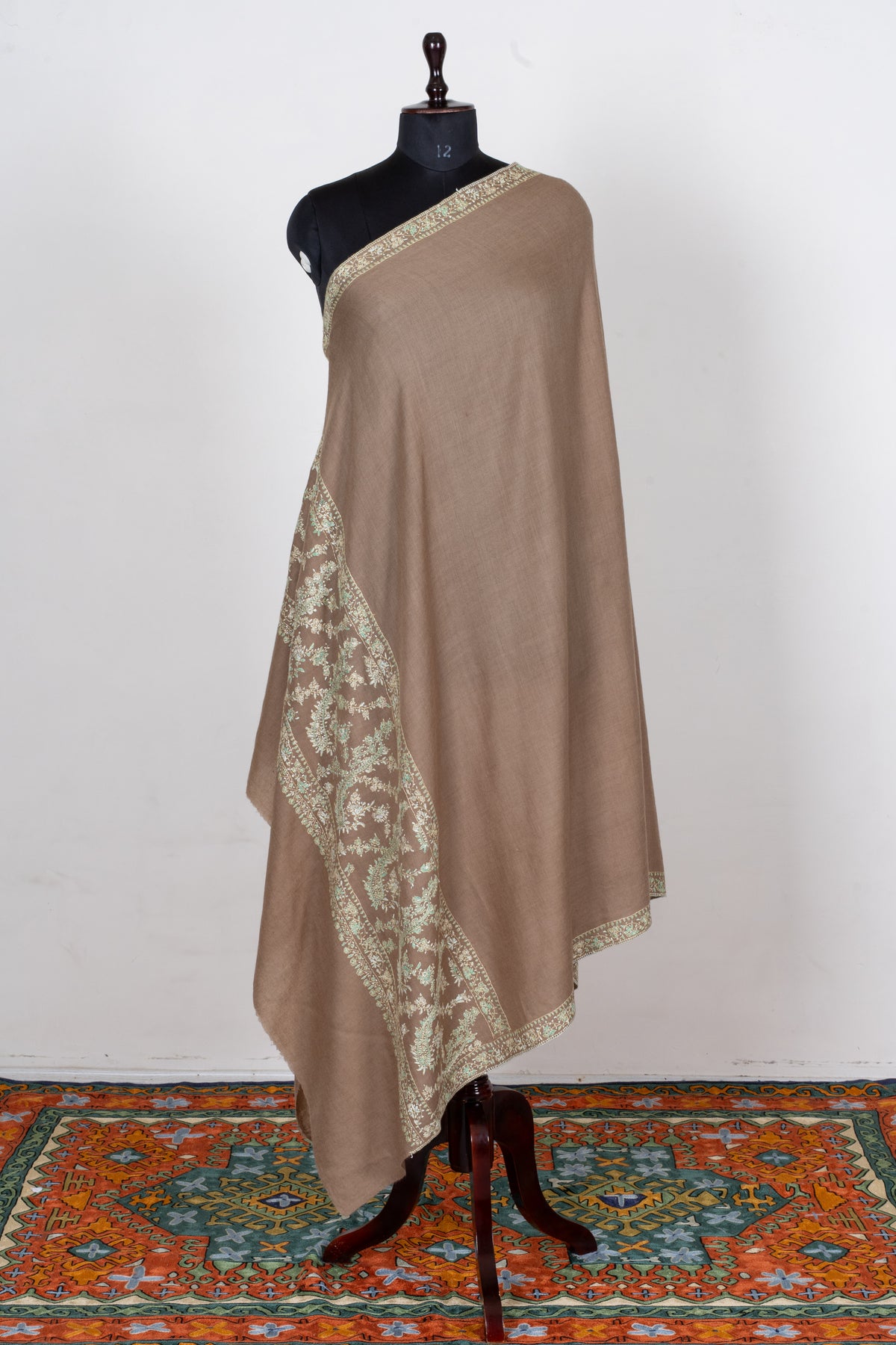 Sandstone Garden Fine Merino Wool Shawl with Mint Sozni Hand Embroidered Floral Vines