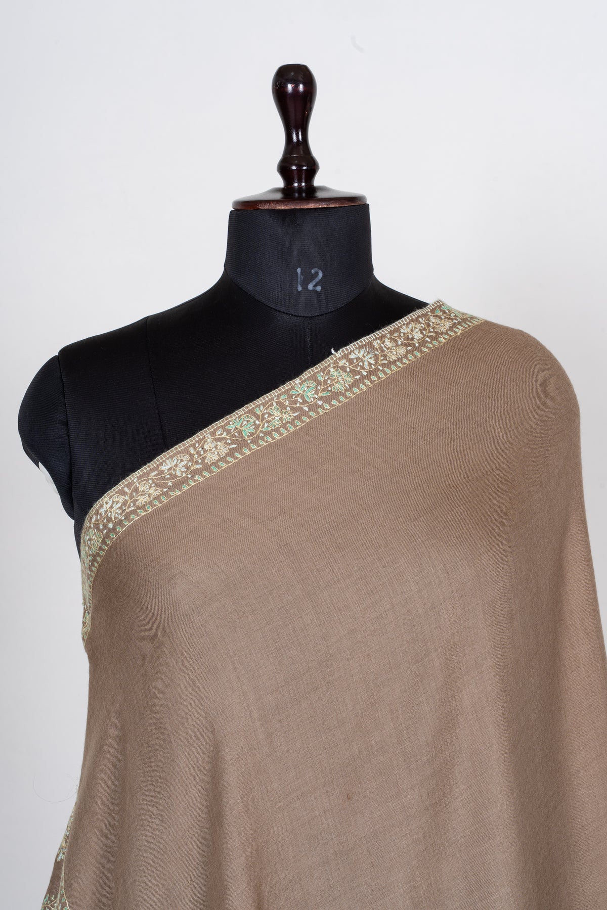 Sandstone Garden Fine Merino Wool Shawl with Mint Sozni Hand Embroidered Floral Vines