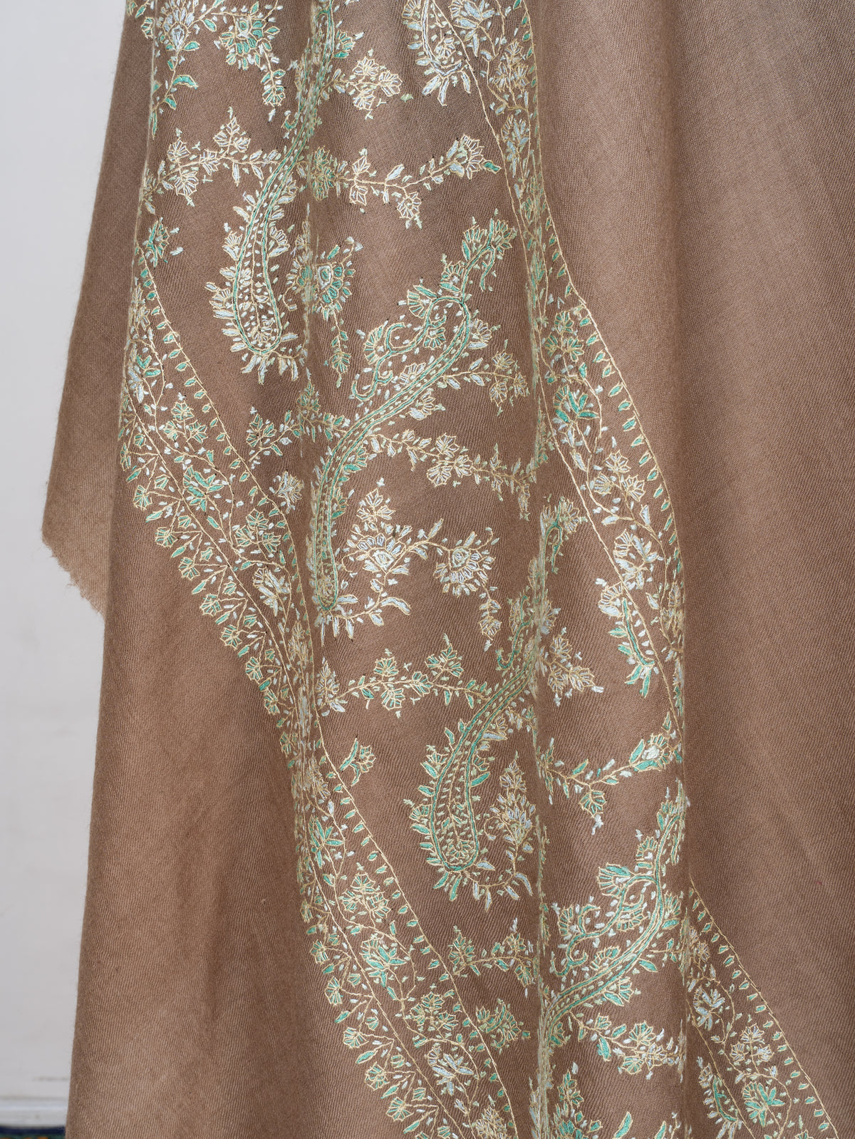 Sandstone Garden Fine Merino Wool Shawl with Mint Sozni Hand Embroidered Floral Vines