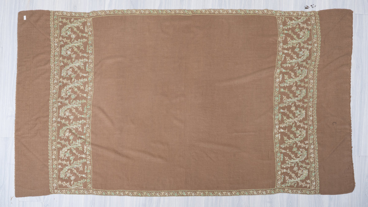 Sandstone Garden Fine Merino Wool Shawl with Mint Sozni Hand Embroidered Floral Vines
