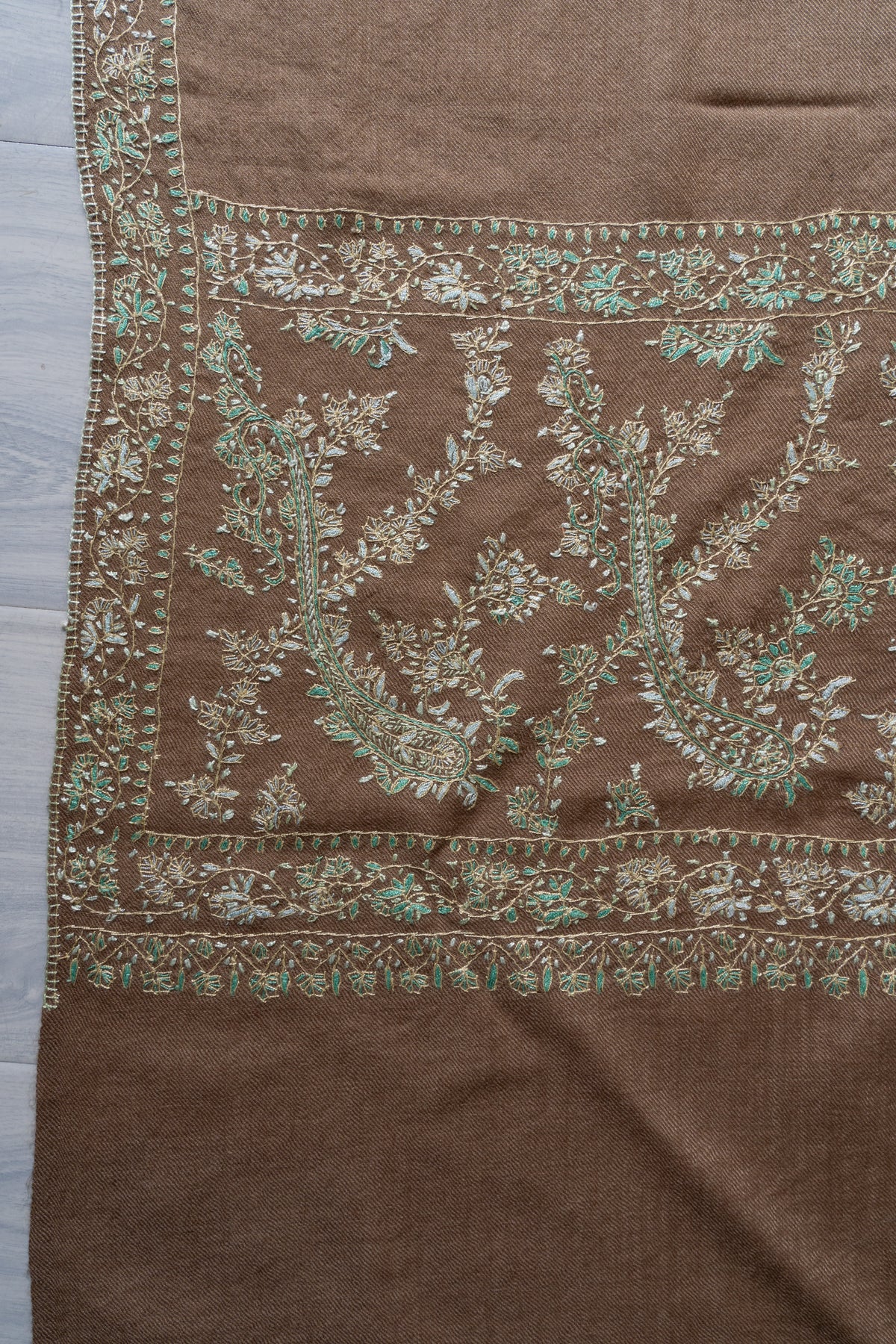 Sandstone Garden Fine Merino Wool Shawl with Mint Sozni Hand Embroidered Floral Vines