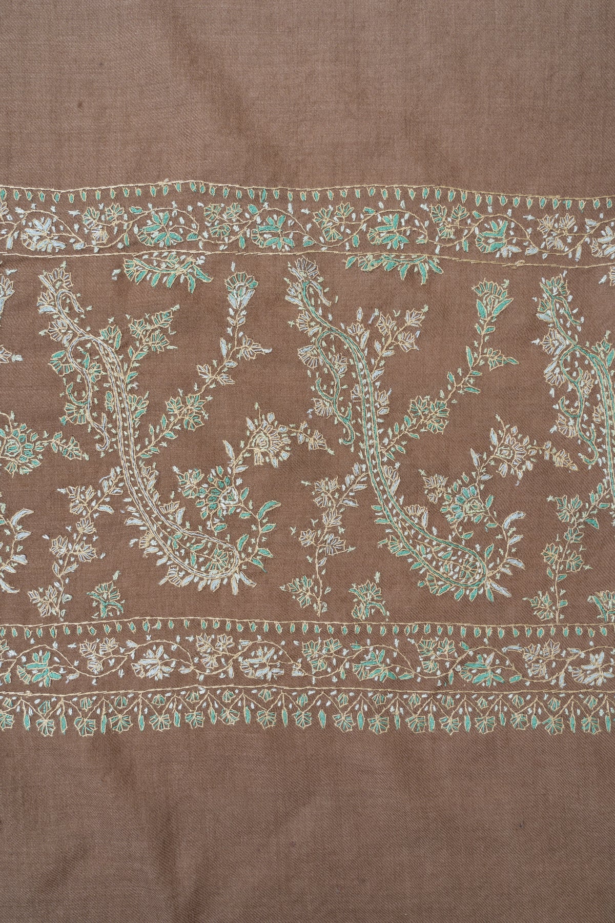 Sandstone Garden Fine Merino Wool Shawl with Mint Sozni Hand Embroidered Floral Vines