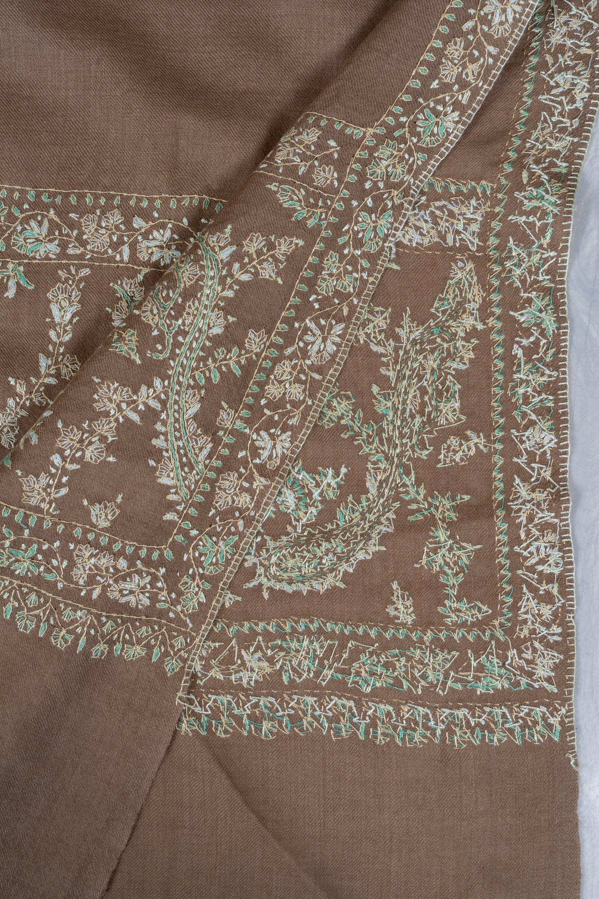 Sandstone Garden Fine Merino Wool Shawl with Mint Sozni Hand Embroidered Floral Vines