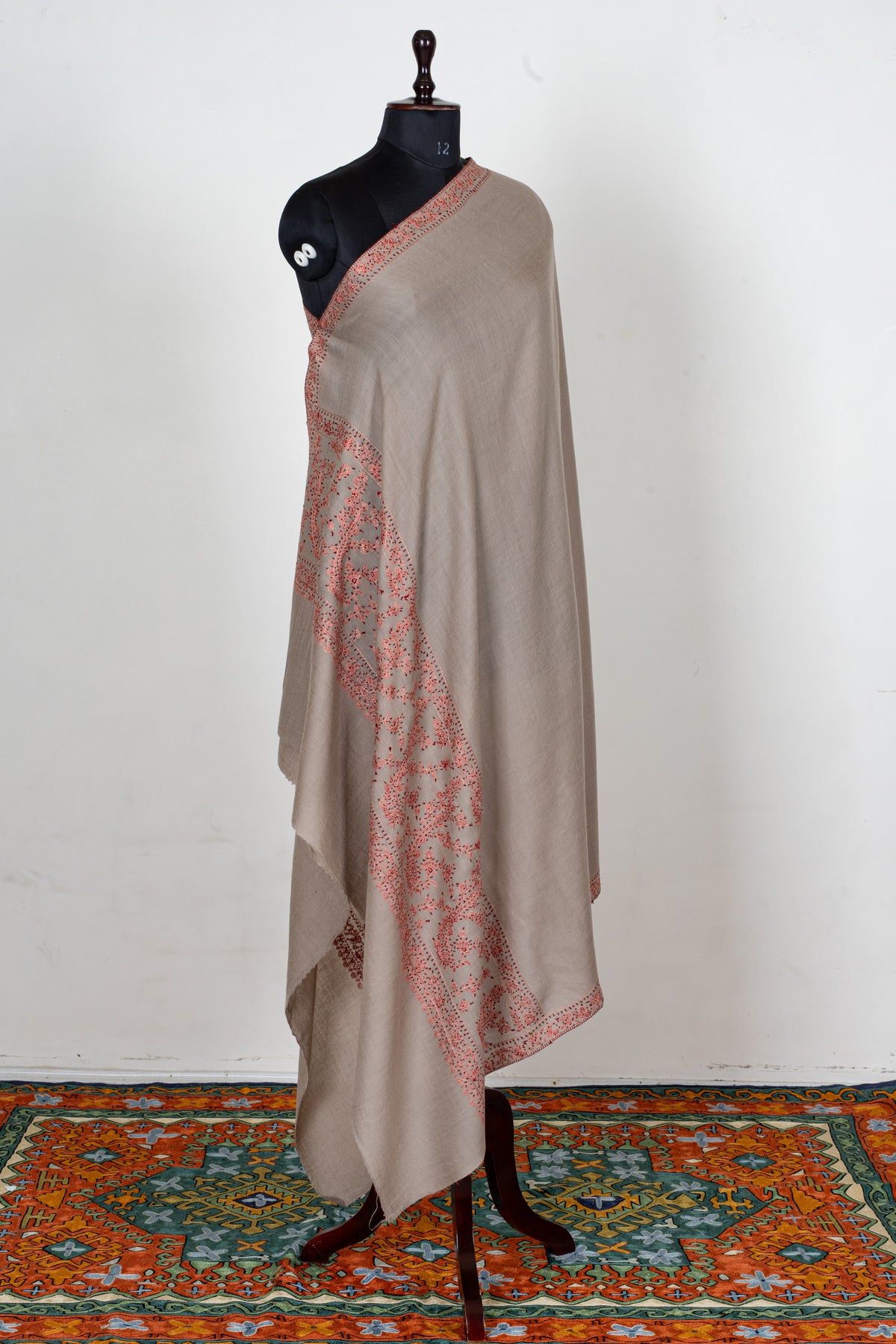 Coral Meadow Fine Merino Wool Shawl with Sozni Hand Embroidered Floral Trails