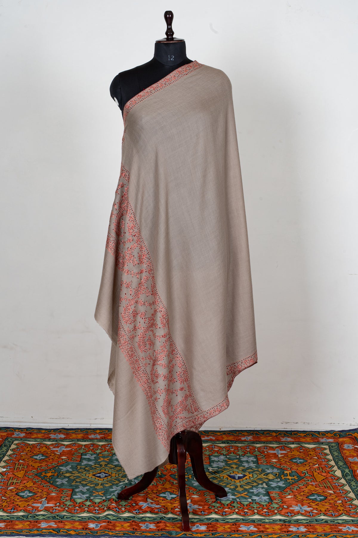 Coral Meadow Fine Merino Wool Shawl with Sozni Hand Embroidered Floral Trails