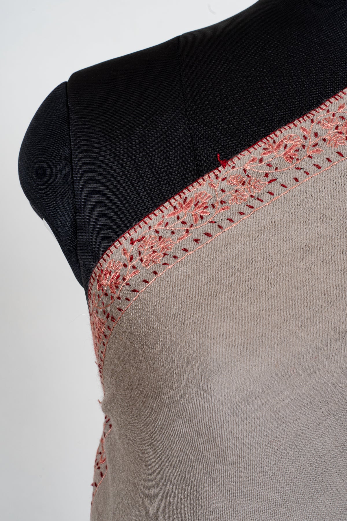 Coral Meadow Fine Merino Wool Shawl with Sozni Hand Embroidered Floral Trails