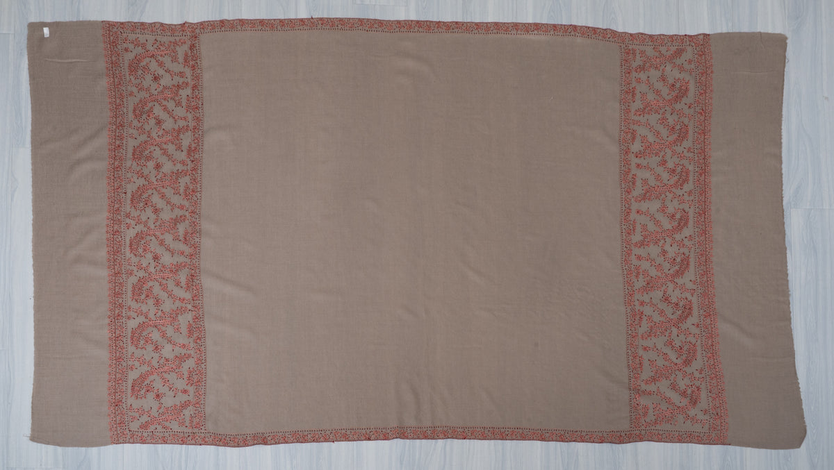 Coral Meadow Fine Merino Wool Shawl with Sozni Hand Embroidered Floral Trails