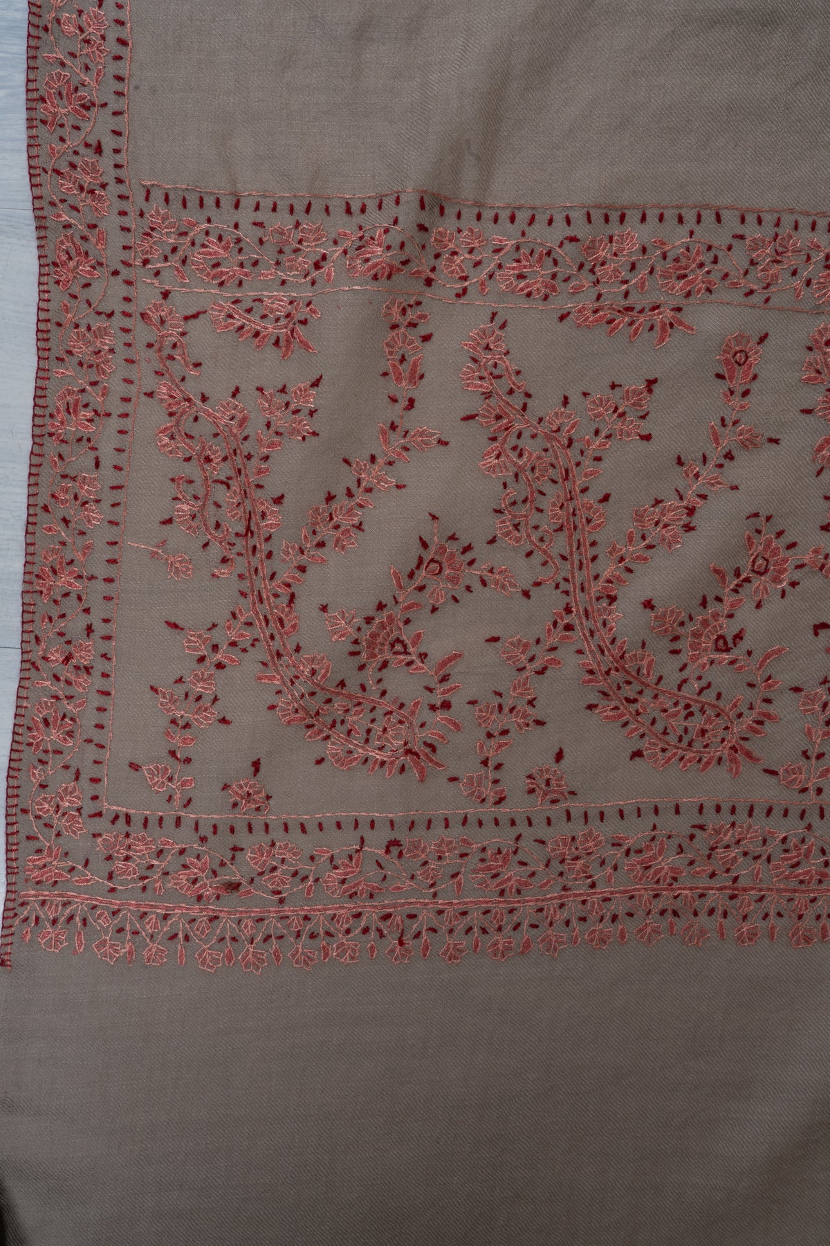 Coral Meadow Fine Merino Wool Shawl with Sozni Hand Embroidered Floral Trails