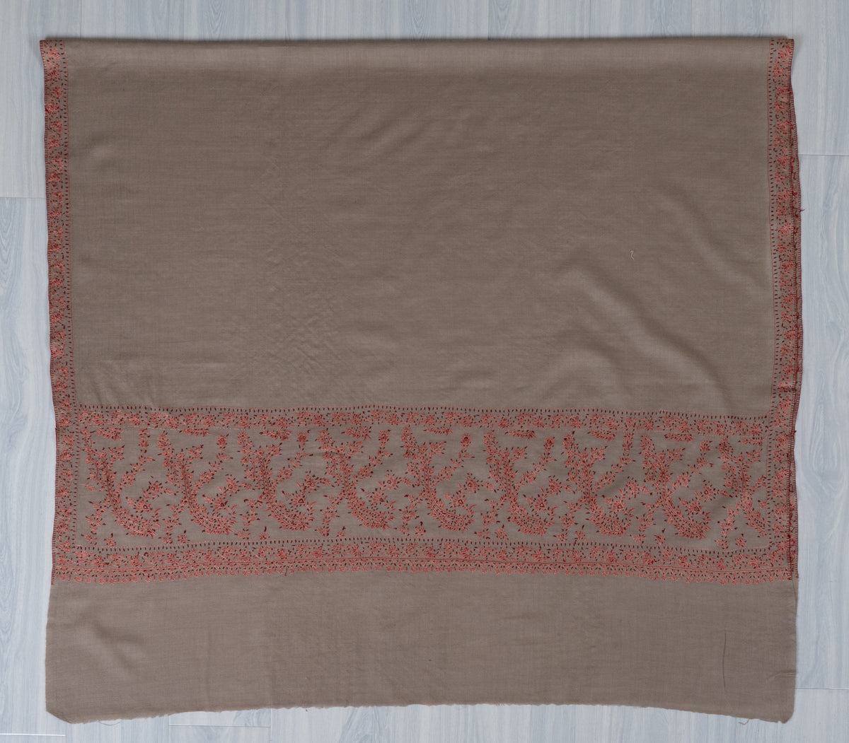 Coral Meadow Fine Merino Wool Shawl with Sozni Hand Embroidered Floral Trails