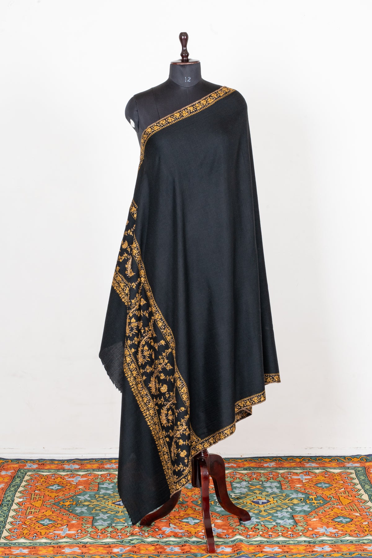 Golden Midnight Fine Merino Wool Shawl with Sozni Hand Embroidered Floral Vines