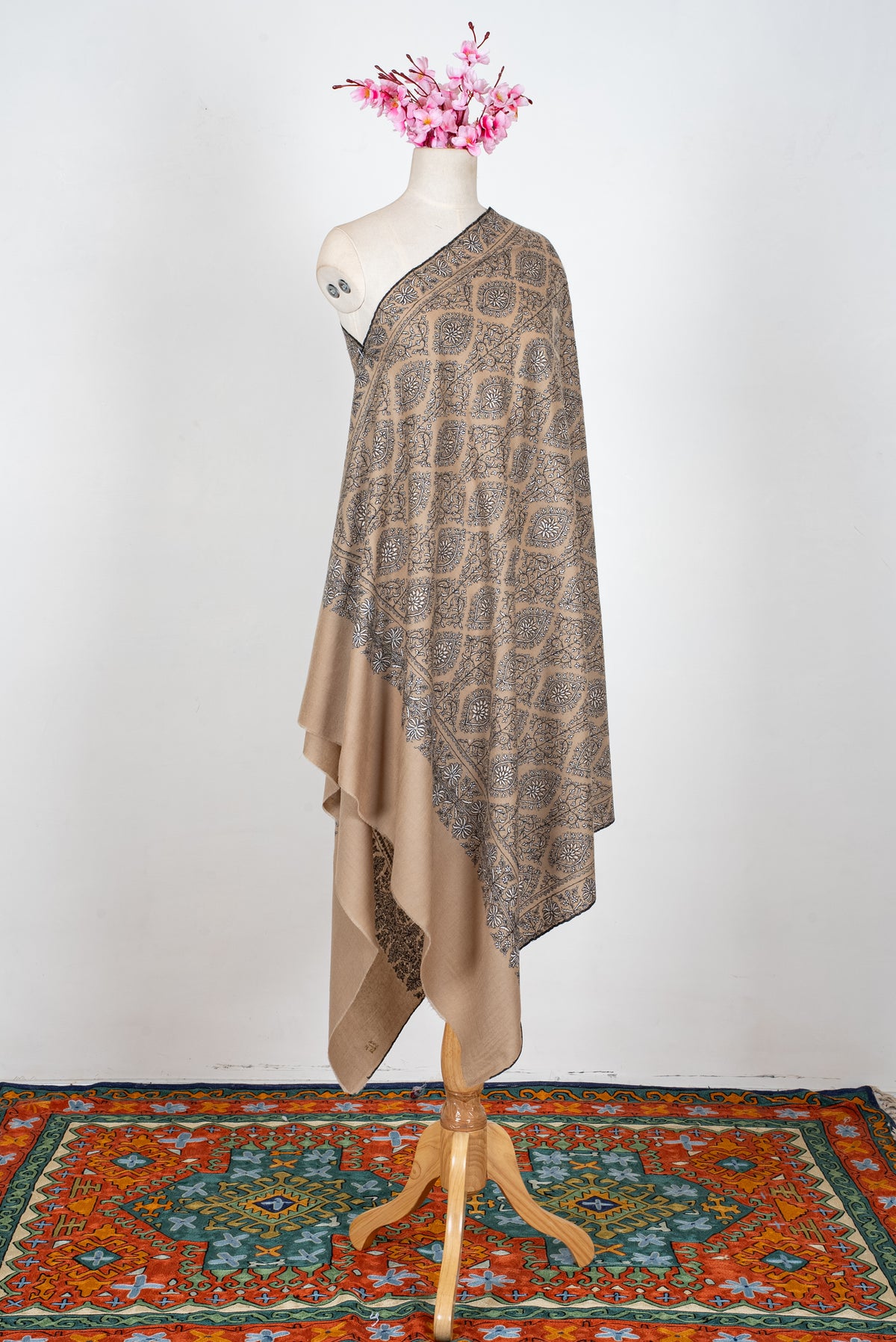 Sandstone Mosaic Grace: Pure Pashmina Hand Embroidered Shawl