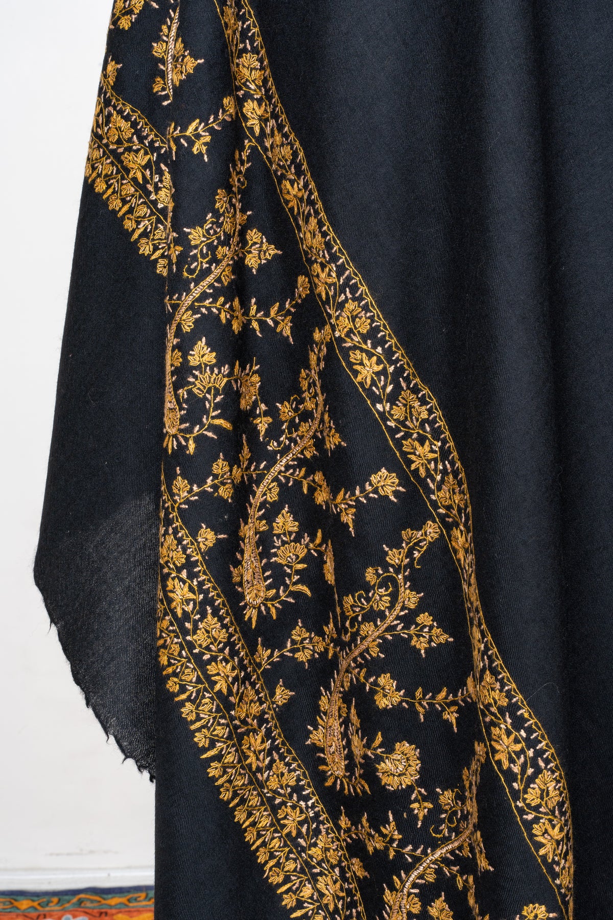 Golden Midnight Fine Merino Wool Shawl with Sozni Hand Embroidered Floral Vines