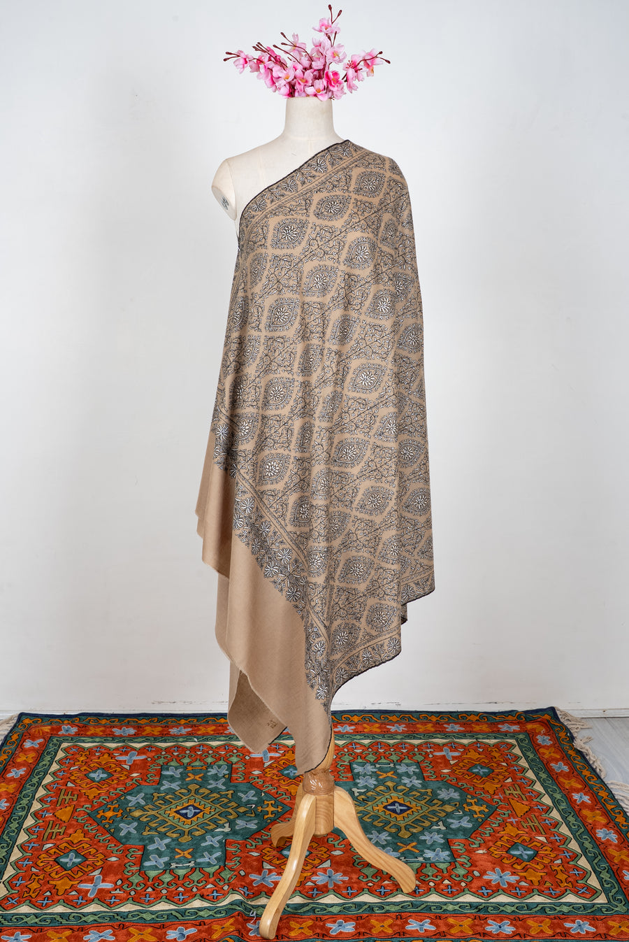 Sandstone Mosaic Grace: Pure Pashmina Hand Embroidered Shawl