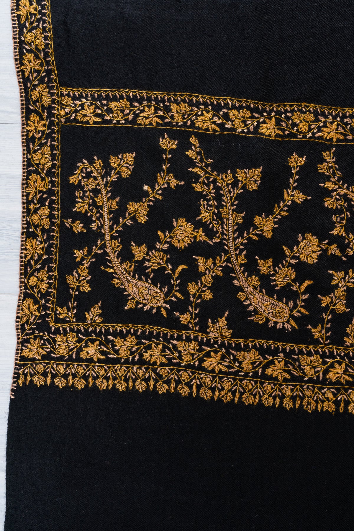 Golden Midnight Fine Merino Wool Shawl with Sozni Hand Embroidered Floral Vines