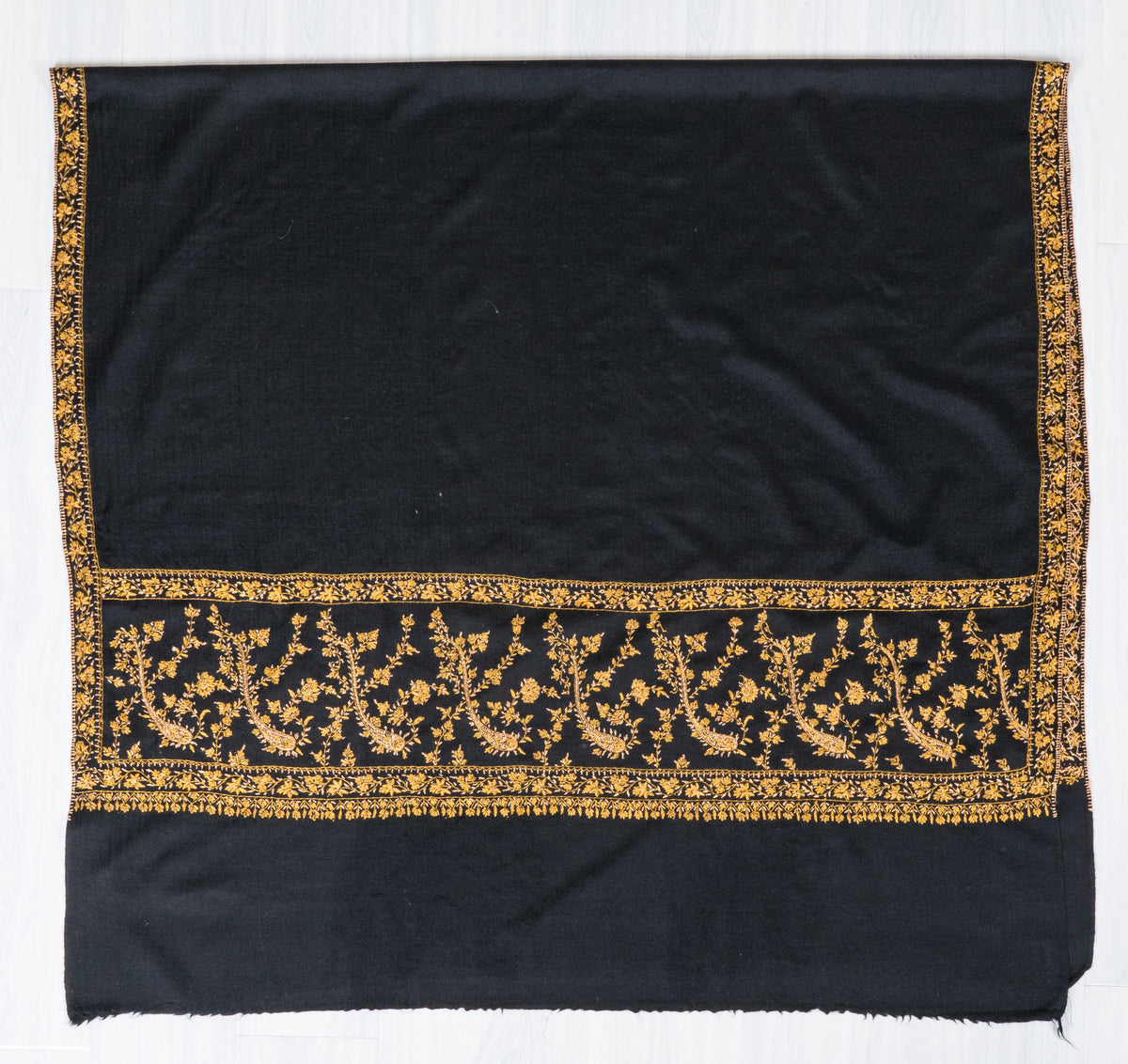 Golden Midnight Fine Merino Wool Shawl with Sozni Hand Embroidered Floral Vines