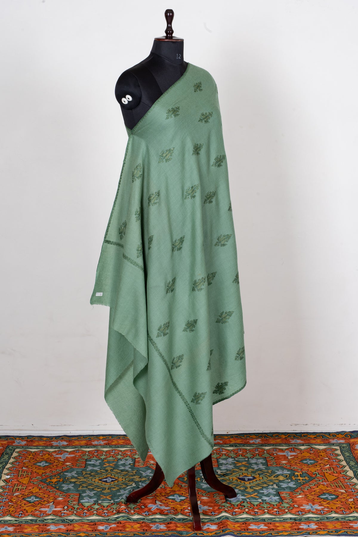 Sage Whisper Fine Merino Wool Shawl with Olive Green Sozni Hand Embroidered Floral Sprigs