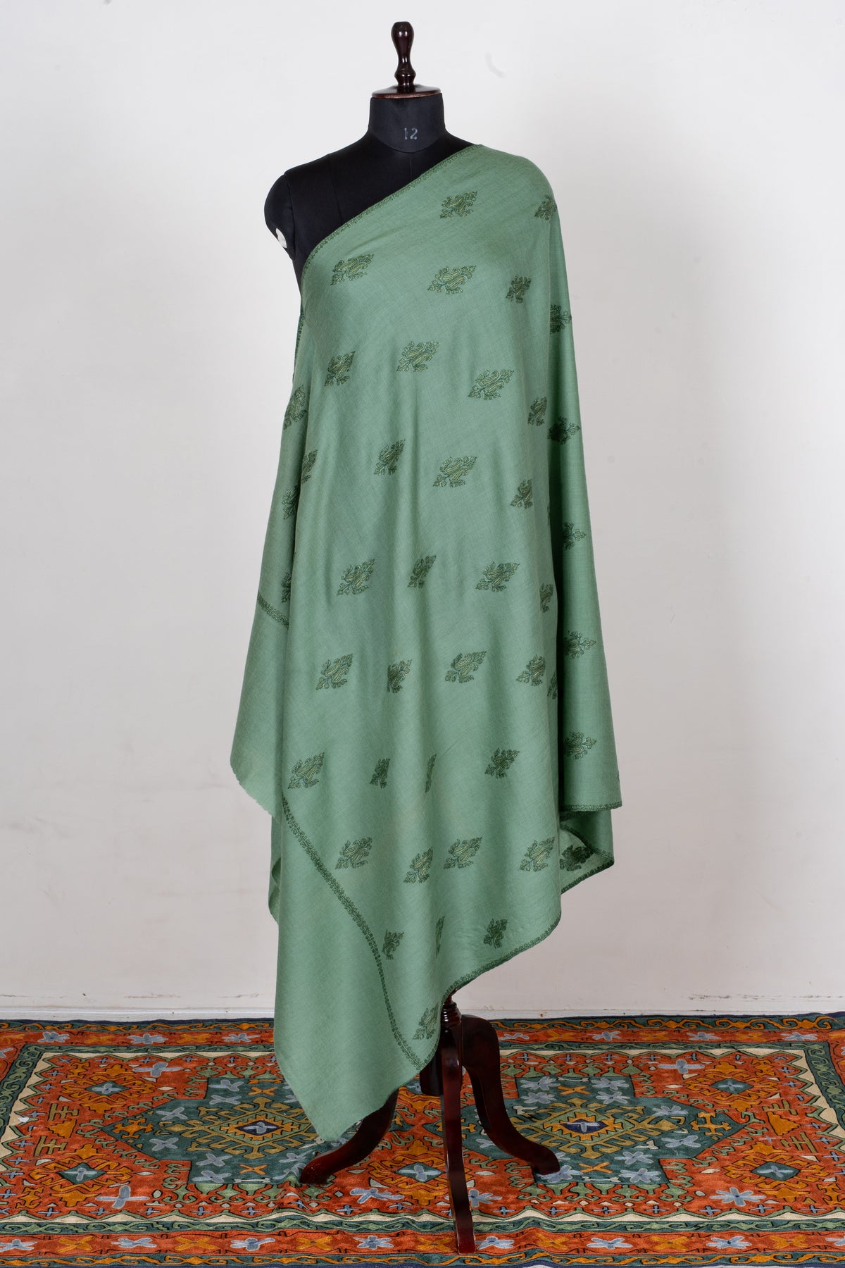 Sage Whisper Fine Merino Wool Shawl with Olive Green Sozni Hand Embroidered Floral Sprigs