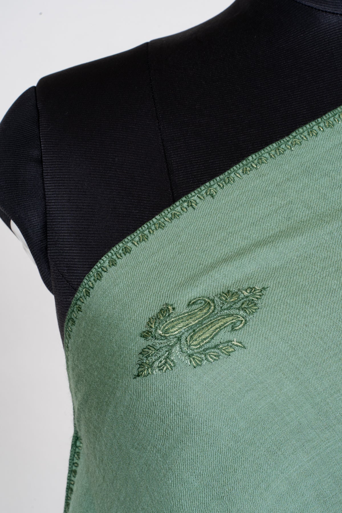 Sage Whisper Fine Merino Wool Shawl with Olive Green Sozni Hand Embroidered Floral Sprigs