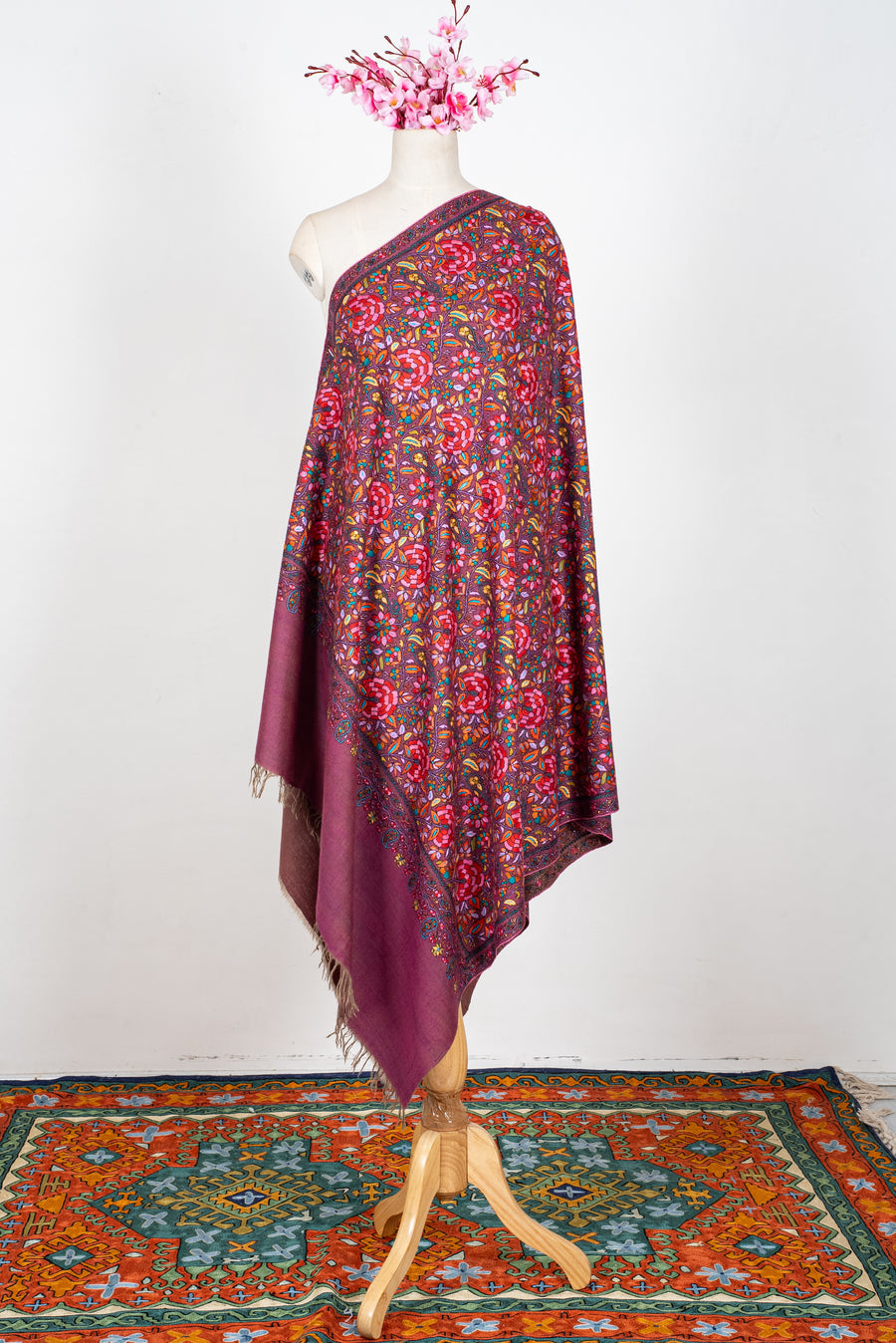 Fuchsia Blossom Symphony: Papier Mache Pure Pashmina Hand Embroidered Shawl