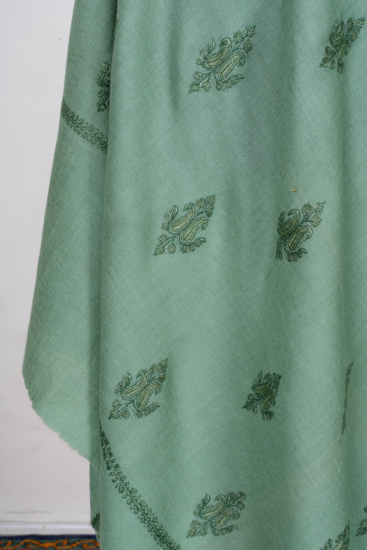 Sage Whisper Fine Merino Wool Shawl with Olive Green Sozni Hand Embroidered Floral Sprigs
