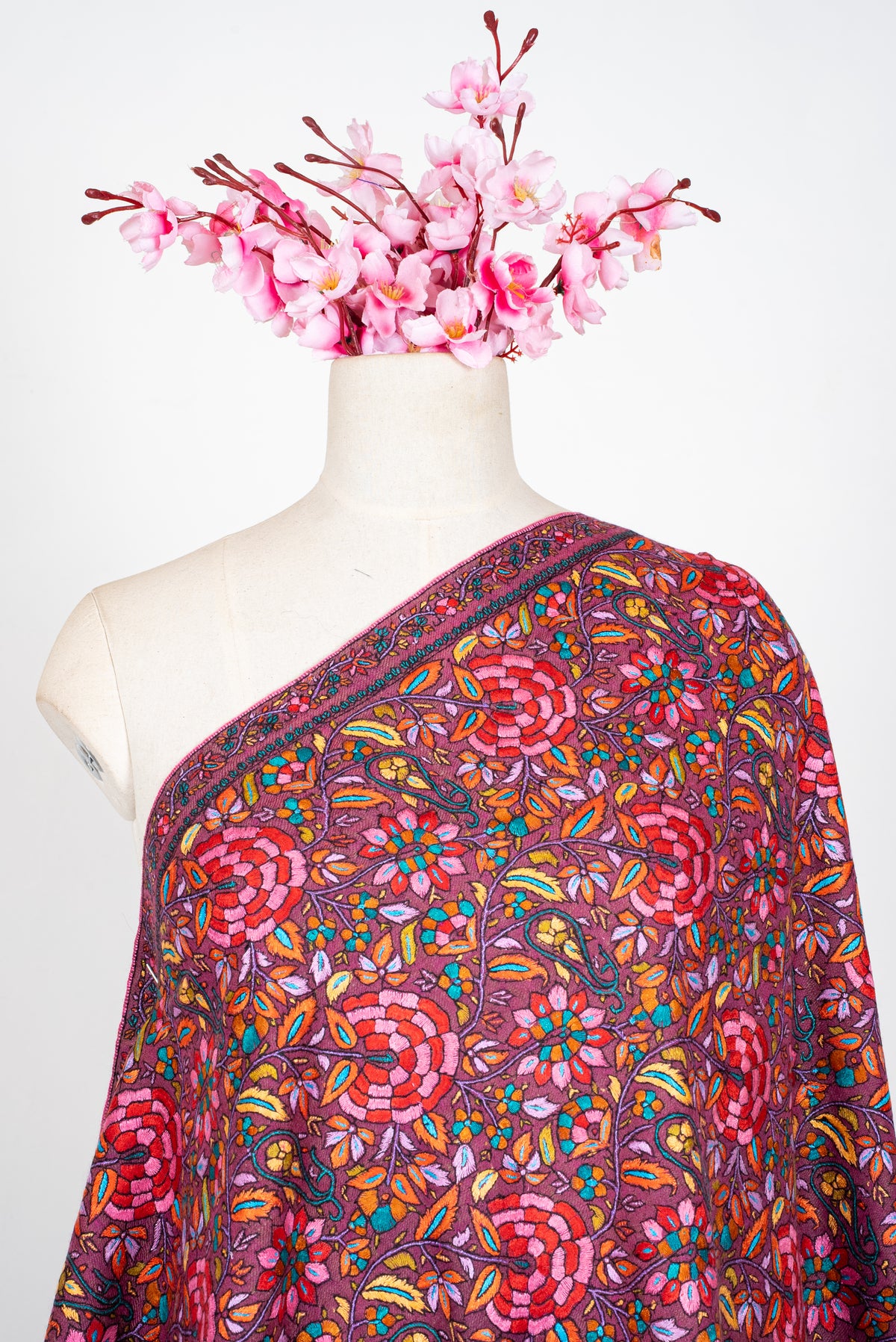 Fuchsia Blossom Symphony: Papier Mache Pure Pashmina Hand Embroidered Shawl