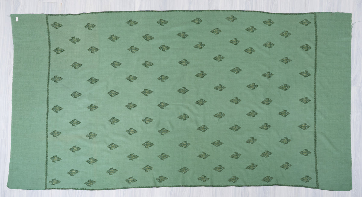 Sage Whisper Fine Merino Wool Shawl with Olive Green Sozni Hand Embroidered Floral Sprigs