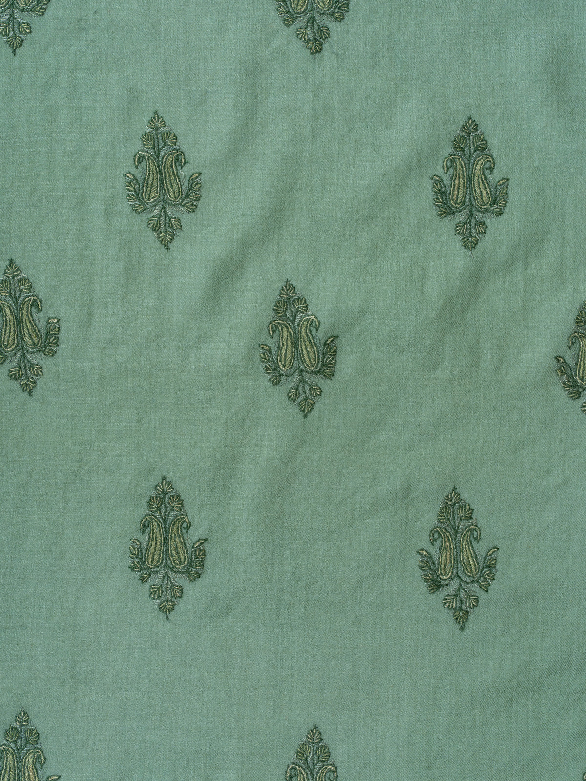 Sage Whisper Fine Merino Wool Shawl with Olive Green Sozni Hand Embroidered Floral Sprigs