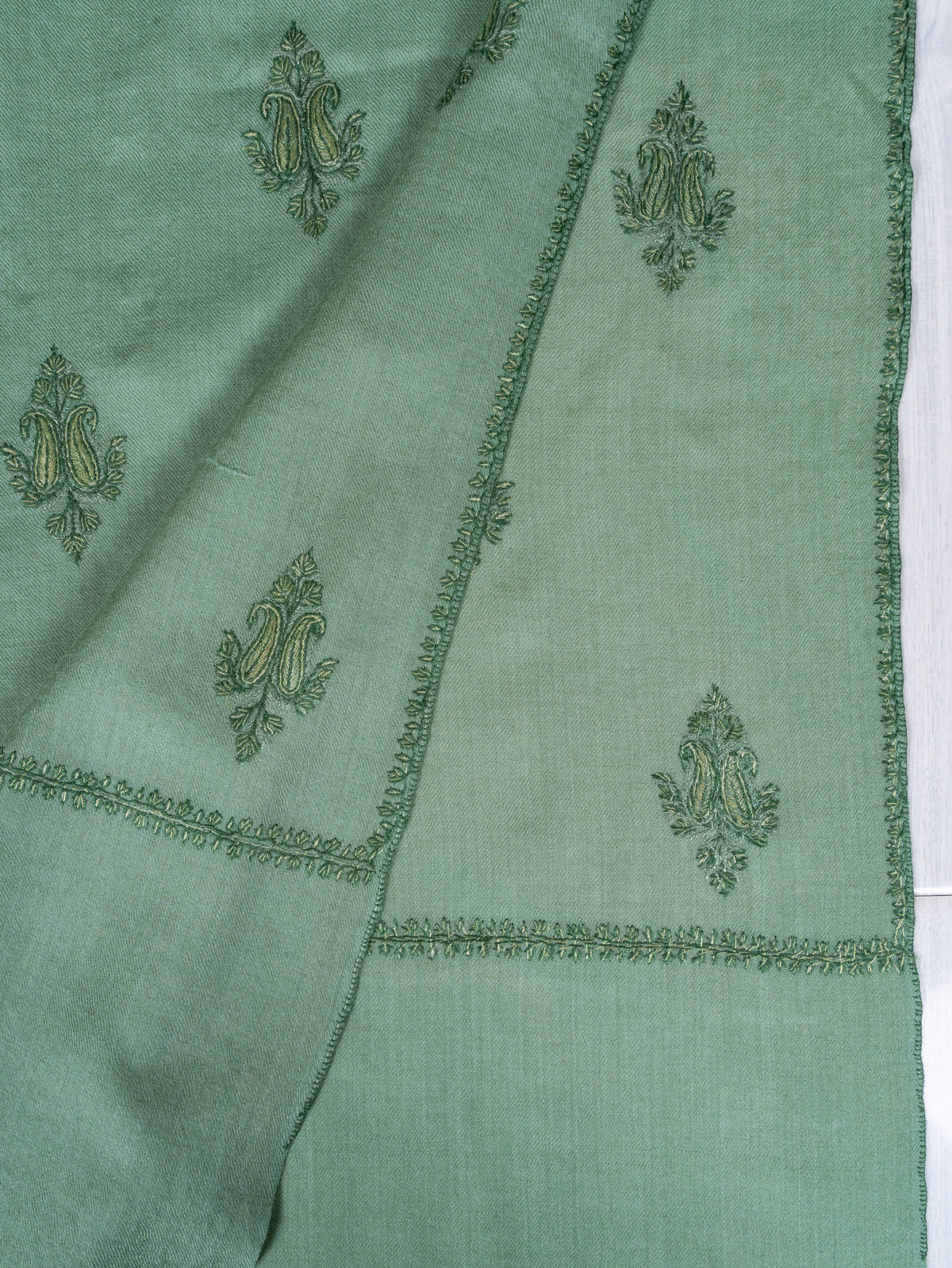 Sage Whisper Fine Merino Wool Shawl with Olive Green Sozni Hand Embroidered Floral Sprigs