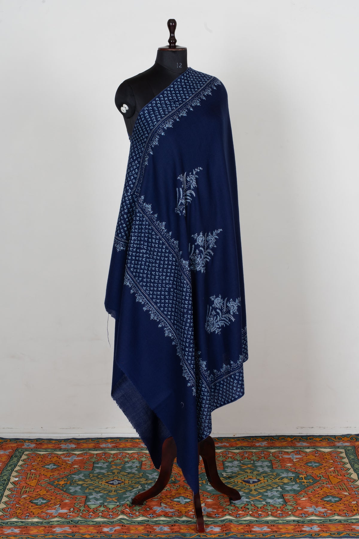 Sapphire Tapestry Fine Merino Wool Shawl with Sozni Hand Embroidered Floral Patterns