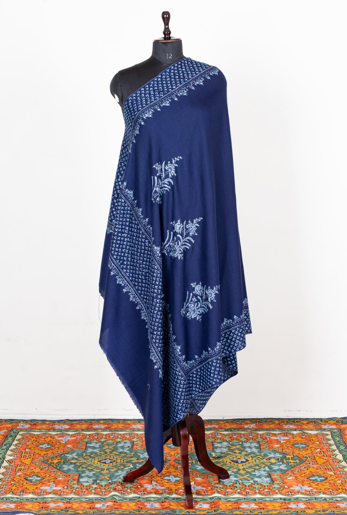 Sapphire Tapestry Fine Merino Wool Shawl with Sozni Hand Embroidered Floral Patterns