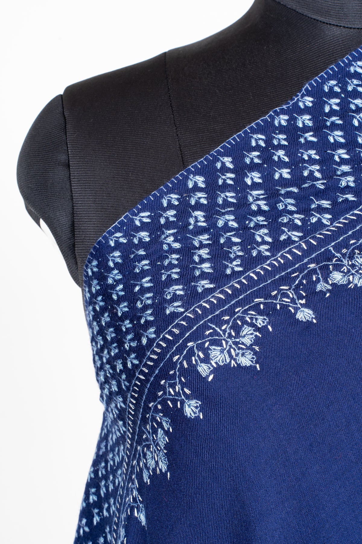 Sapphire Tapestry Fine Merino Wool Shawl with Sozni Hand Embroidered Floral Patterns