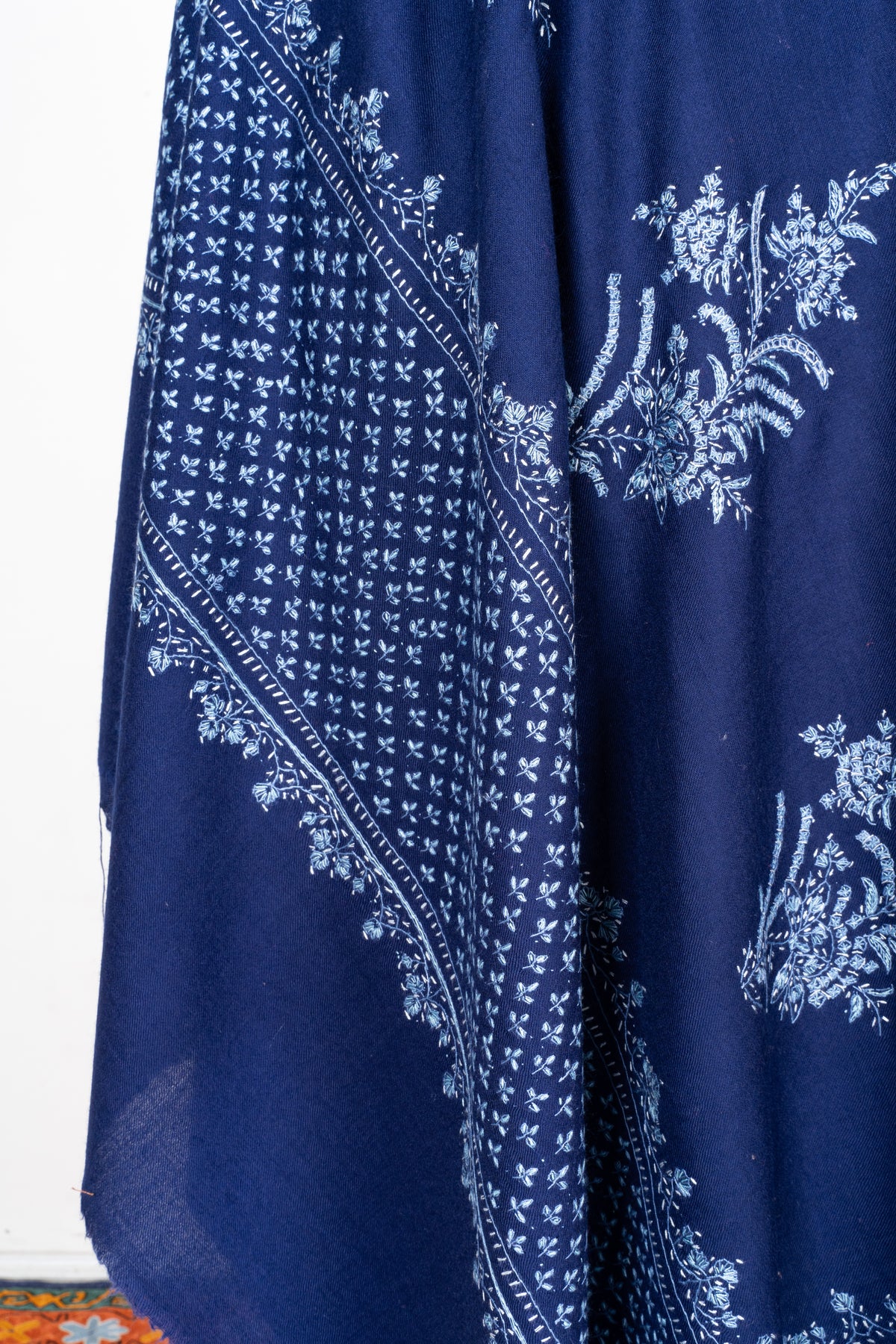 Sapphire Tapestry Fine Merino Wool Shawl with Sozni Hand Embroidered Floral Patterns