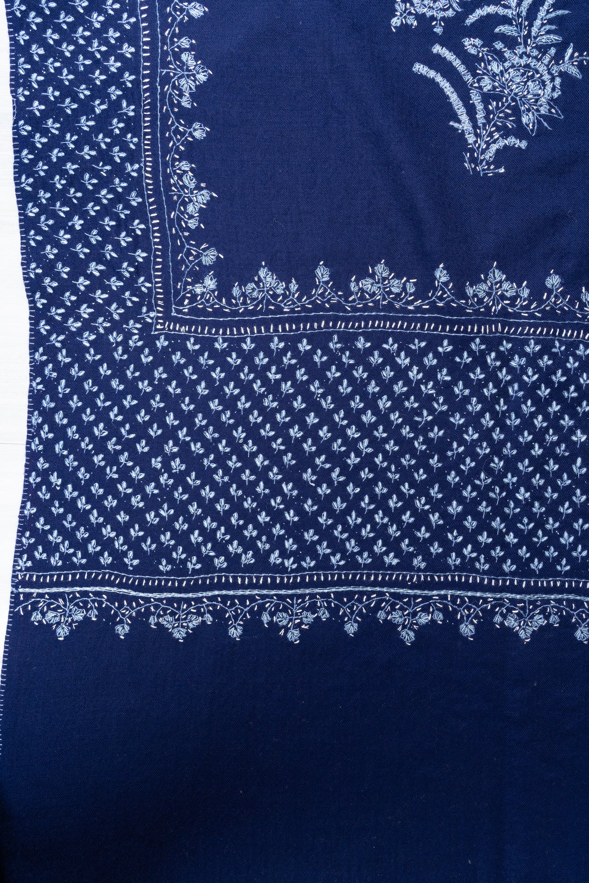 Sapphire Tapestry Fine Merino Wool Shawl with Sozni Hand Embroidered Floral Patterns
