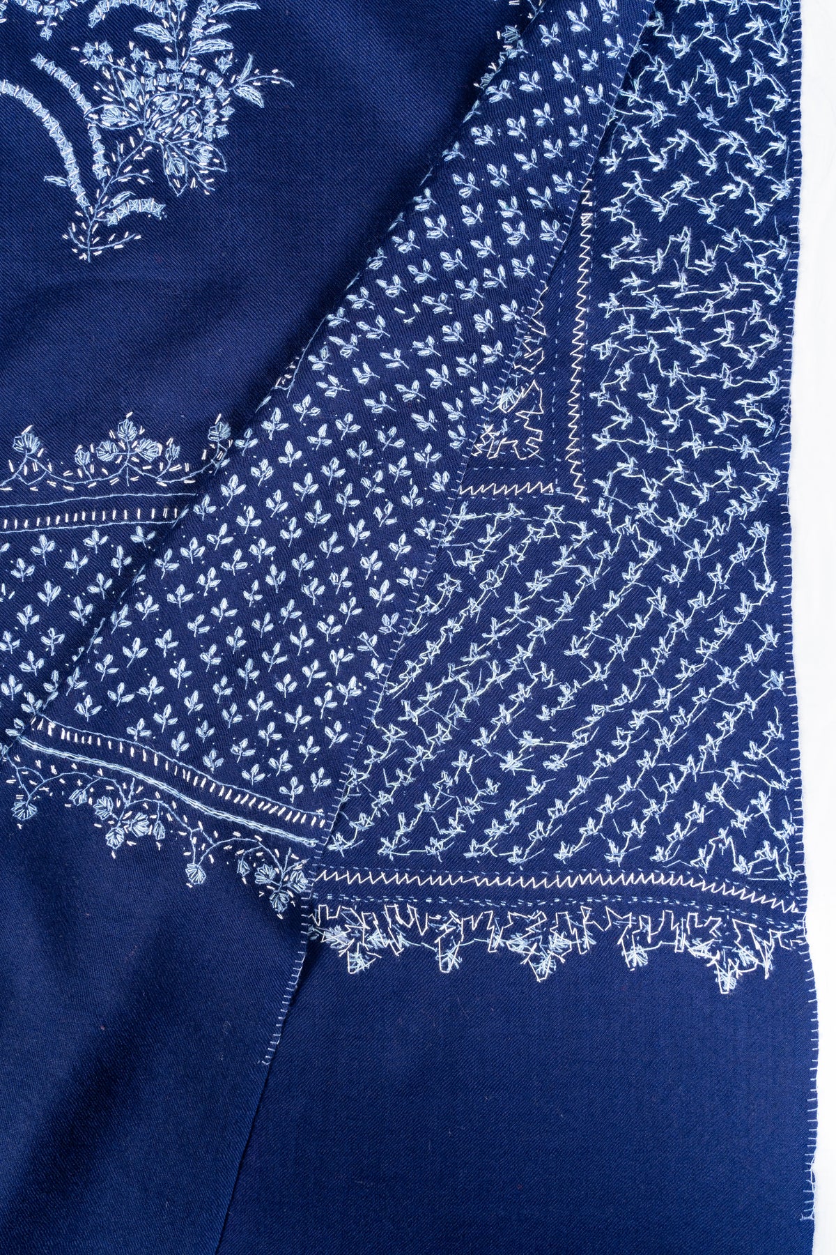 Sapphire Tapestry Fine Merino Wool Shawl with Sozni Hand Embroidered Floral Patterns
