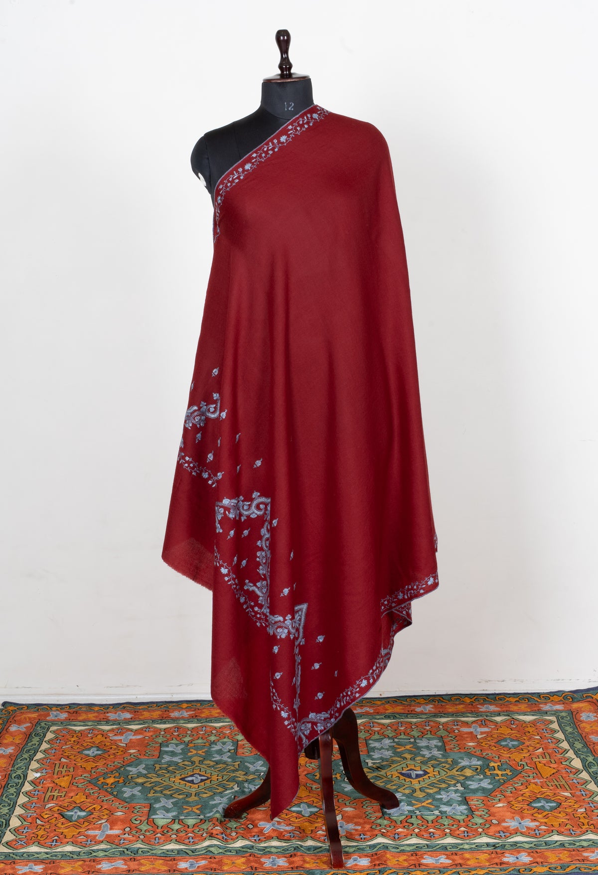 Crimson Frost Fine Merino Wool Shawl with Silver Blue Sozni Hand Embroidered Florals