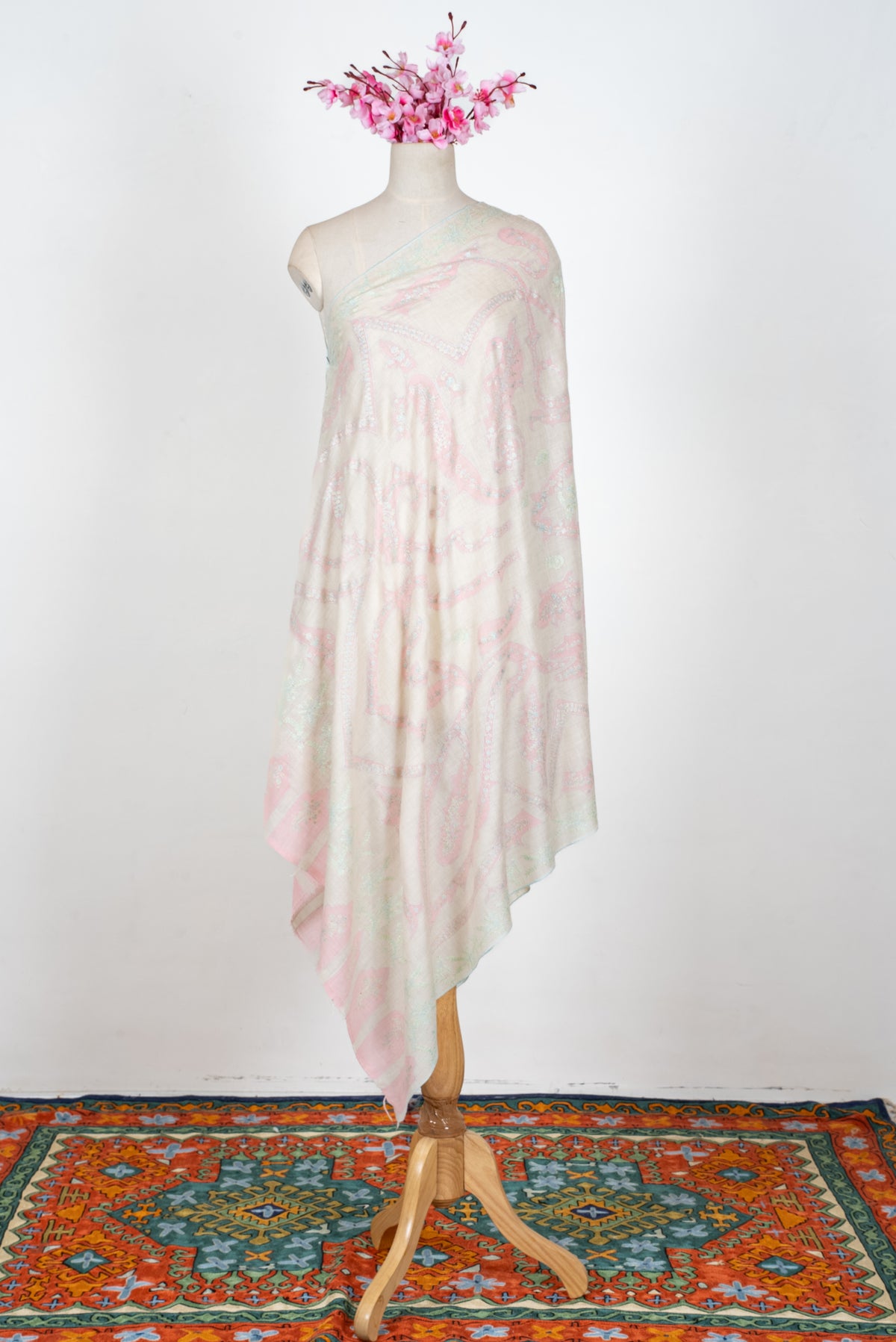 Blush Whisper Elegance: Pure Pashmina Hand Embroidered Shawl