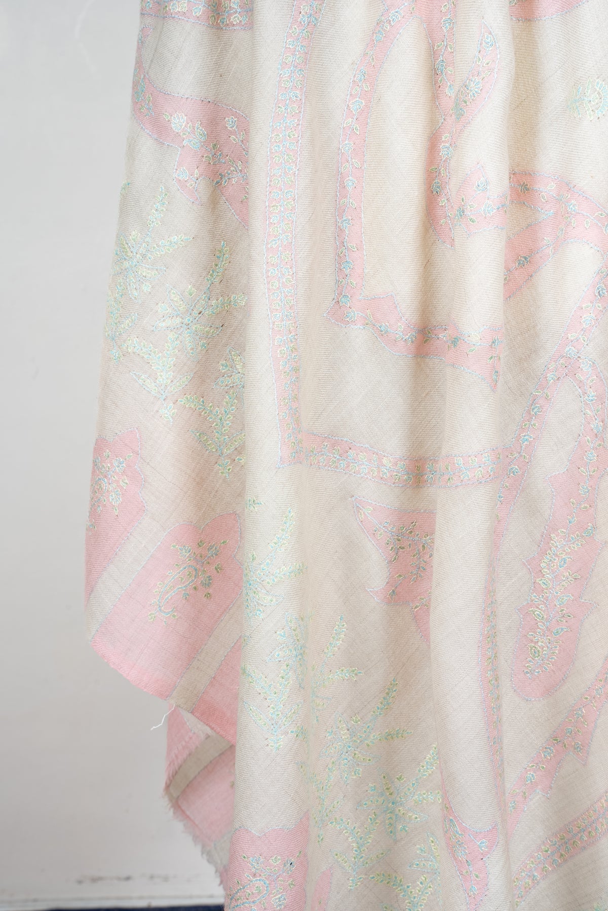 Blush Whisper Elegance: Pure Pashmina Hand Embroidered Shawl