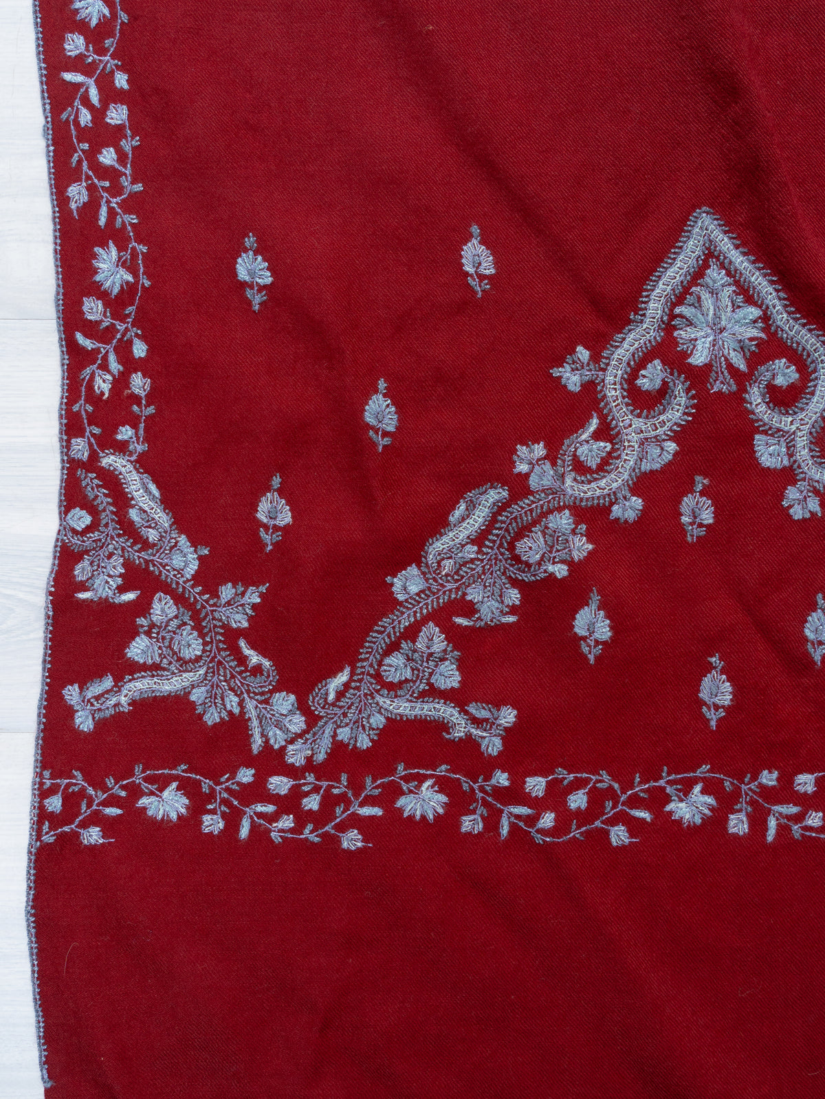 Crimson Frost Fine Merino Wool Shawl with Silver Blue Sozni Hand Embroidered Florals
