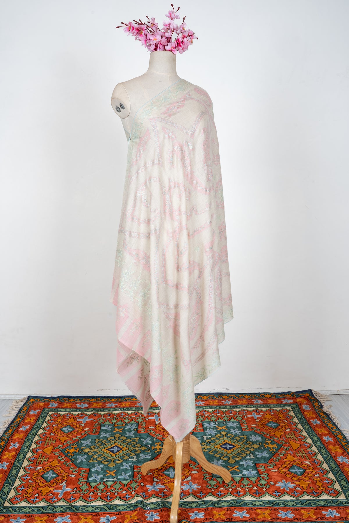 Blush Whisper Elegance: Pure Pashmina Hand Embroidered Shawl