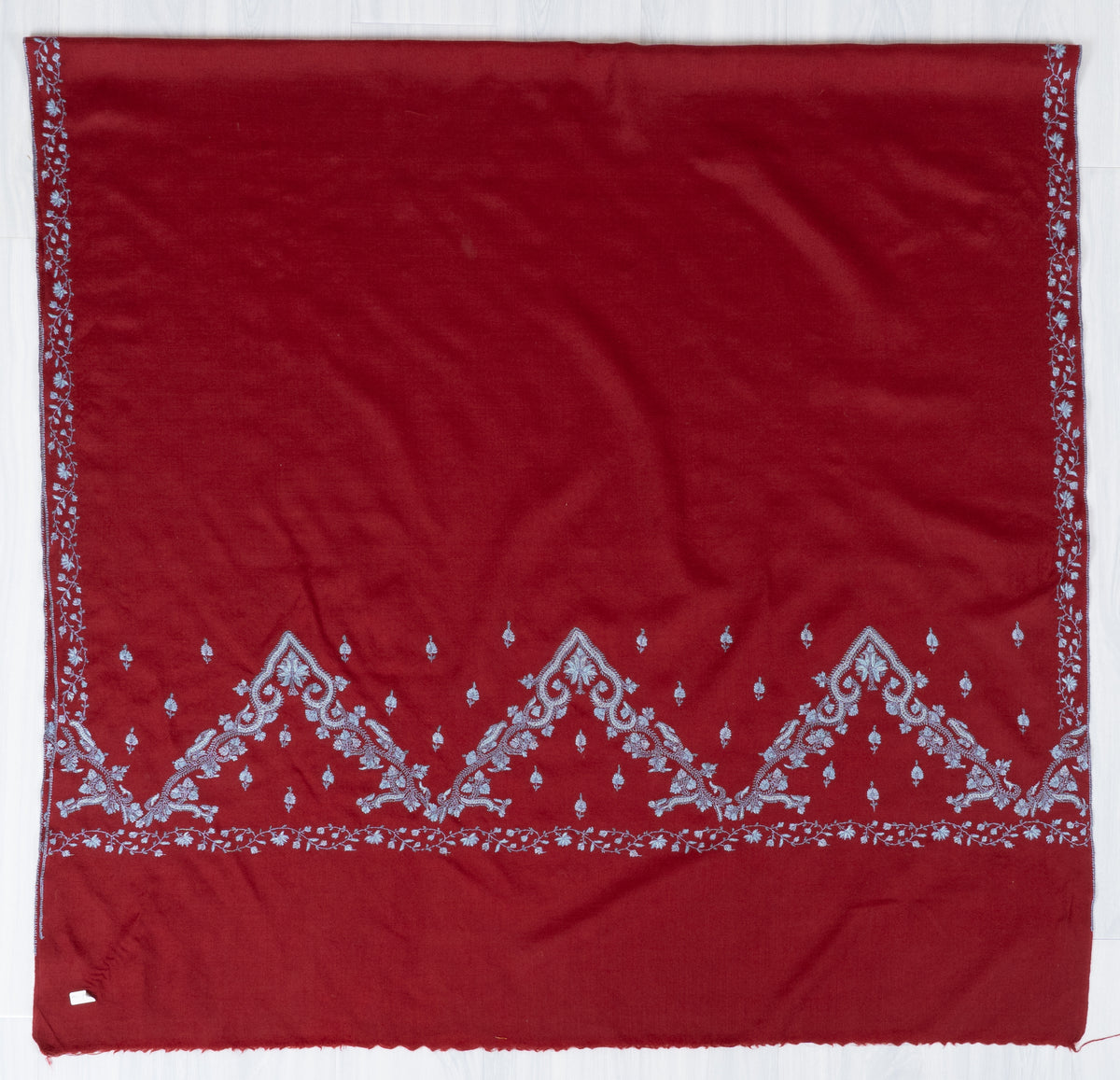 Crimson Frost Fine Merino Wool Shawl with Silver Blue Sozni Hand Embroidered Florals