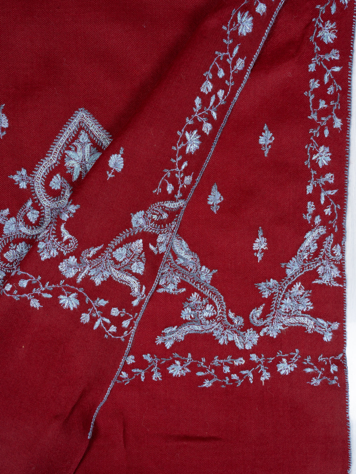 Crimson Frost Fine Merino Wool Shawl with Silver Blue Sozni Hand Embroidered Florals