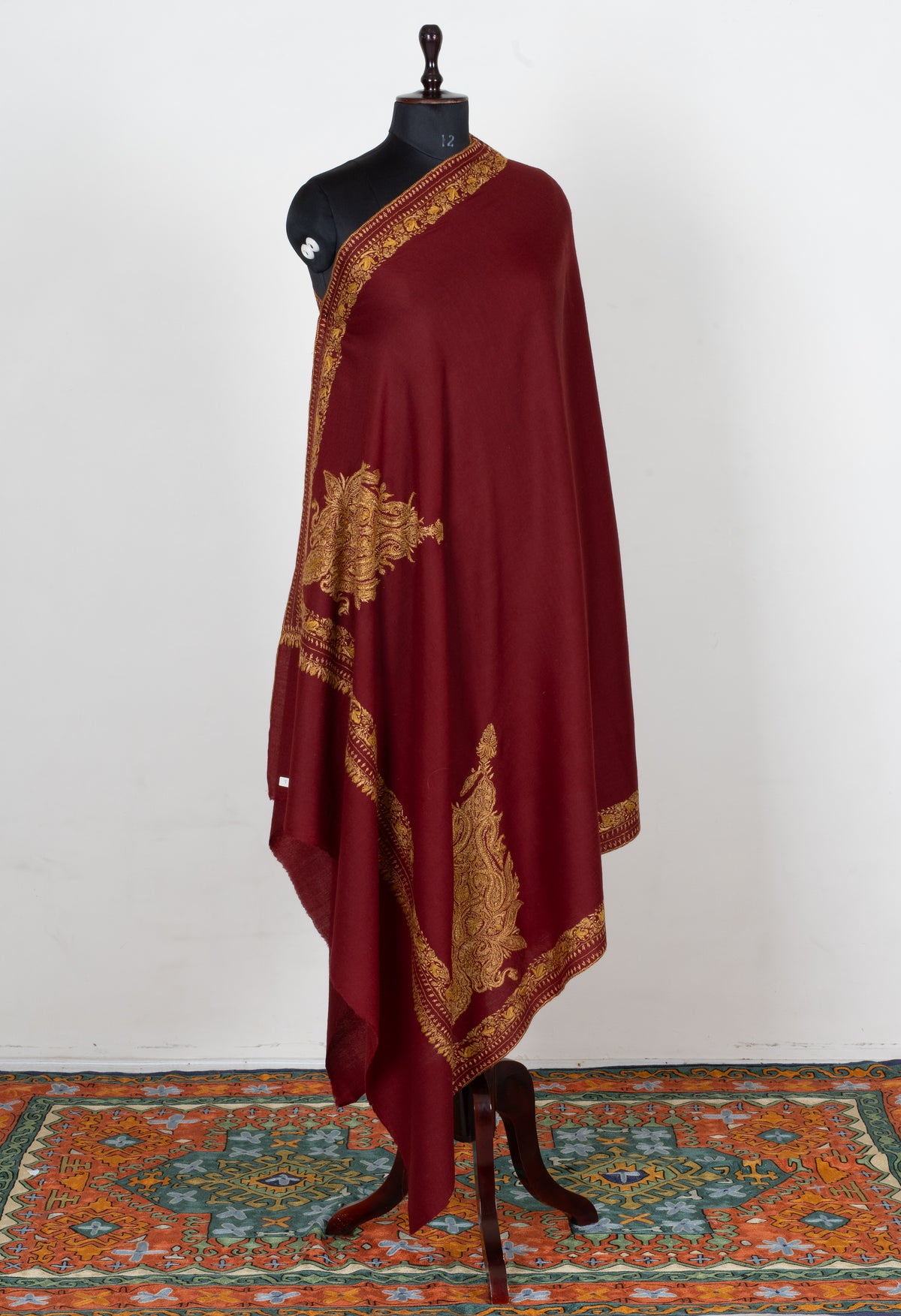 Burgundy Majesty Fine Merino Wool Shawl with Golden Sozni Hand Embroidered Paisleys