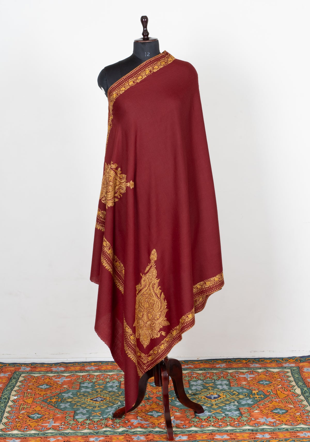 Burgundy Majesty Fine Merino Wool Shawl with Golden Sozni Hand Embroidered Paisleys